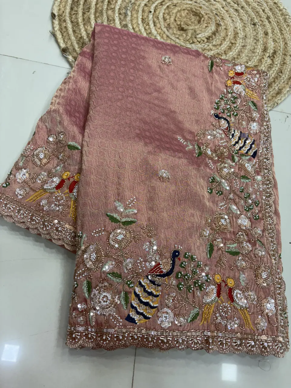 SOFT TISSUE WITH CLASSIC HAND WORK BORDER PEACOK HAND/WOTI/SEQUENCE/BEATS WORK STYLE WITH HEAVY BP PORTION