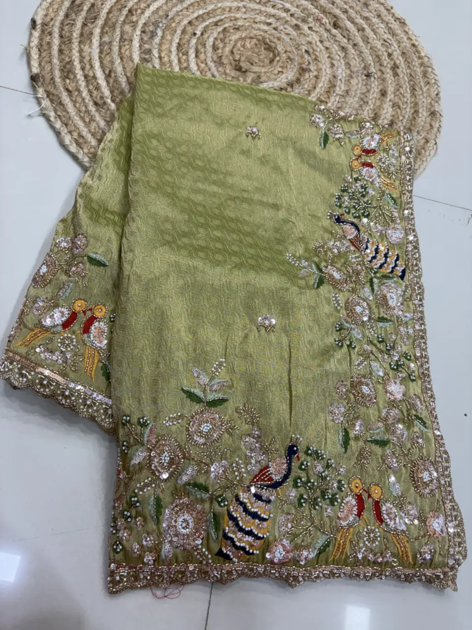 SOFT TISSUE WITH CLASSIC HAND WORK BORDER PEACOK HAND/WOTI/SEQUENCE/BEATS WORK STYLE WITH HEAVY BP PORTION